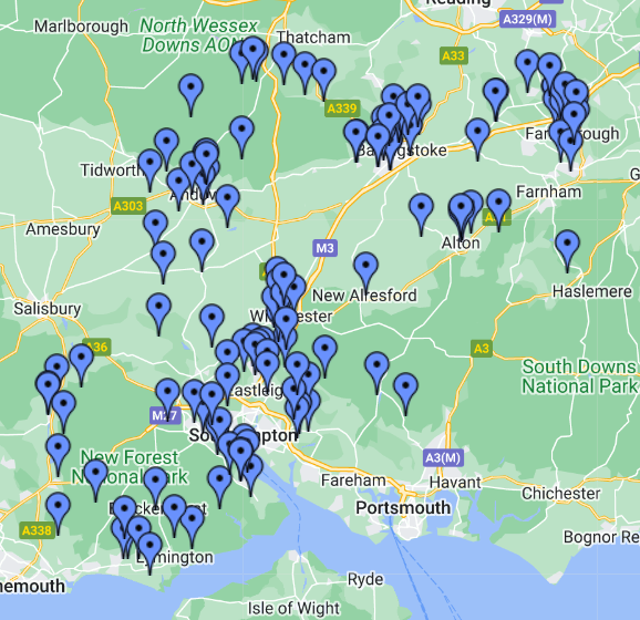 Map of Hampshire showing the Schools that we work with